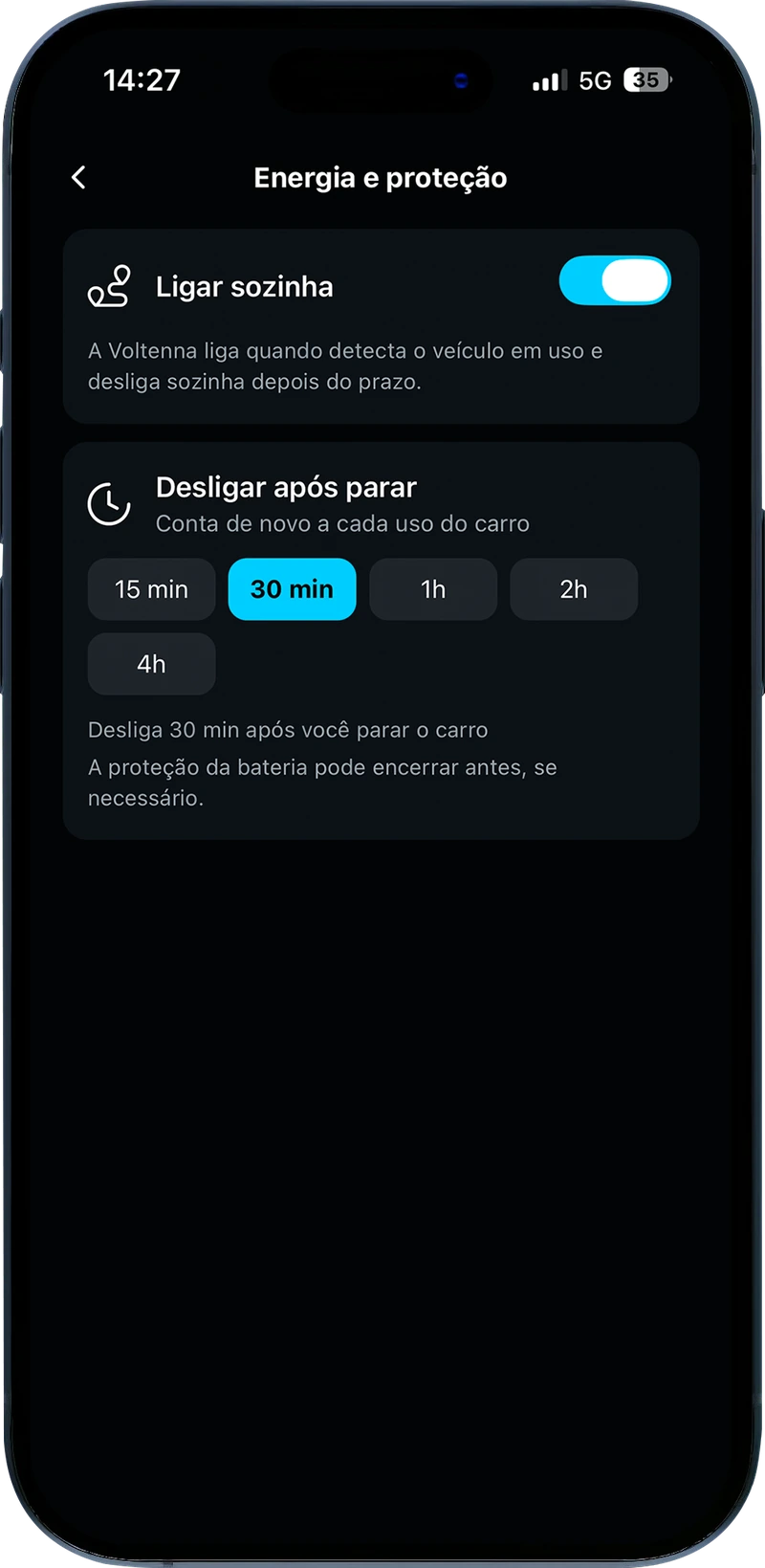 Tela ilustrativa do app Voltenna com configuração do tempo de alimentação após desligar o carro.